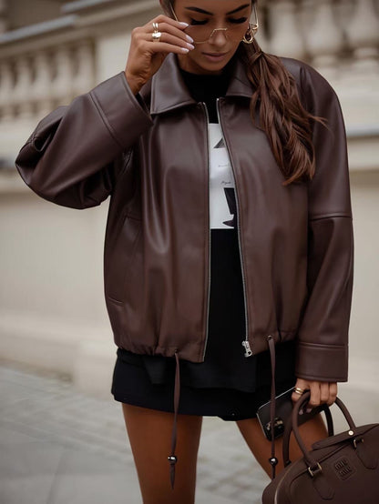 Oversized faux leather jacket with adjustable drawstrings