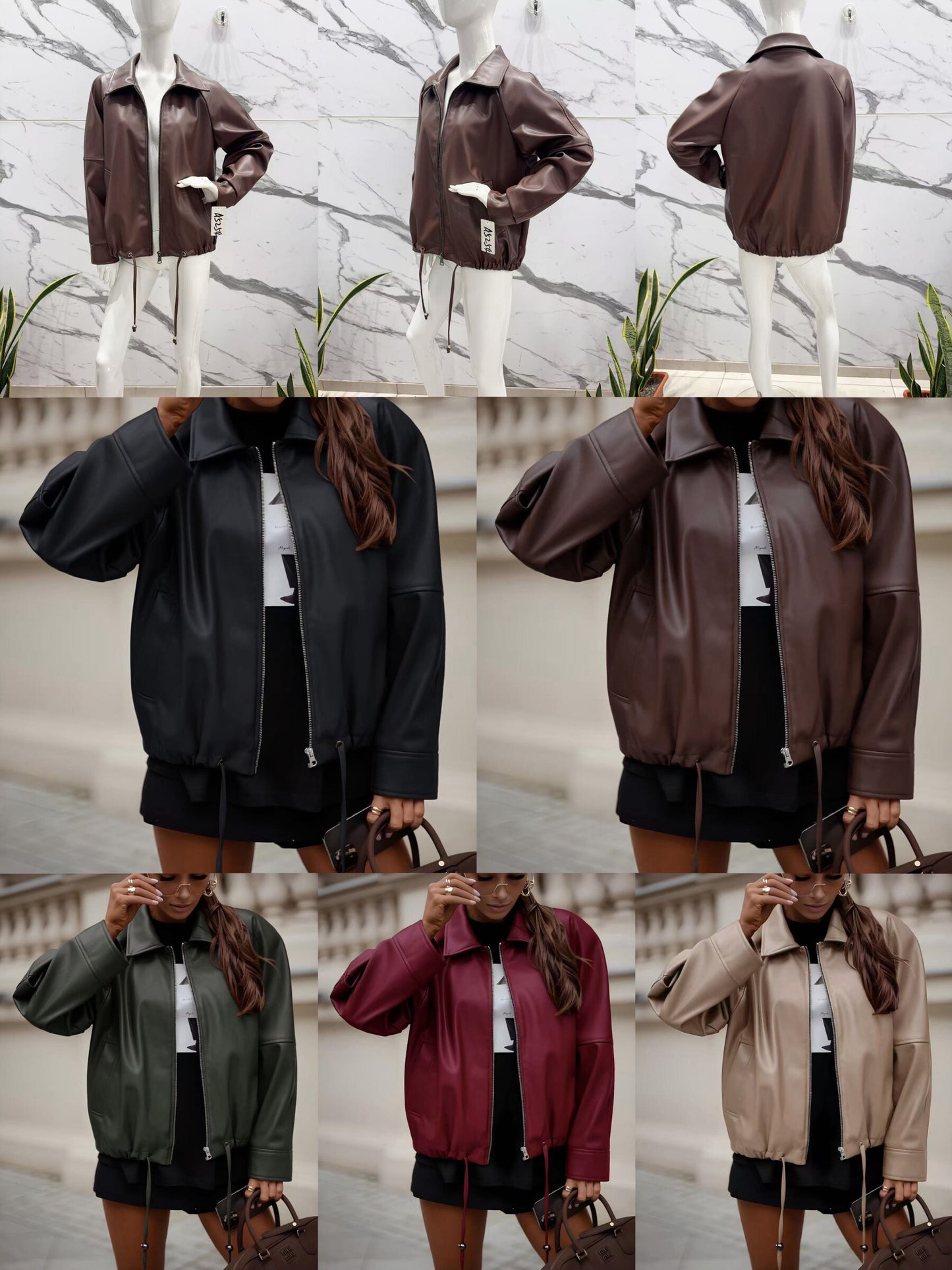 Oversized faux leather jacket with adjustable drawstrings