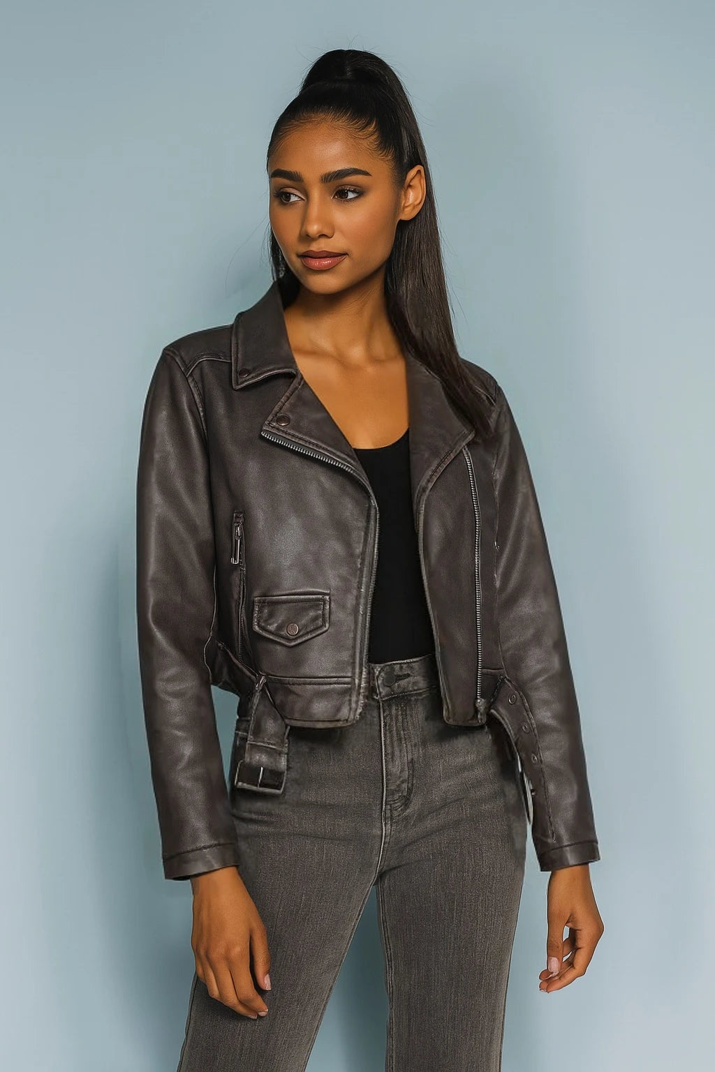 Short faux leather biker jacket – Belt and metallic zip details