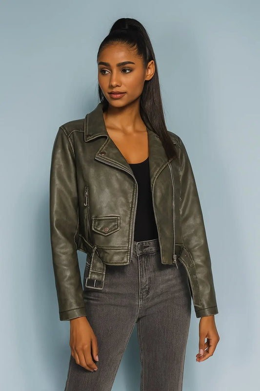 Short faux leather biker jacket – Belt and metallic zip details