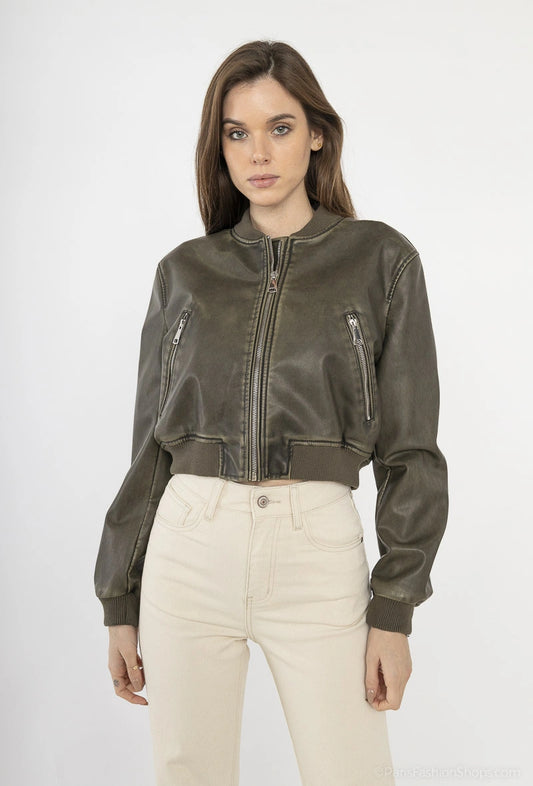 Leather teddy jacket with silver zips