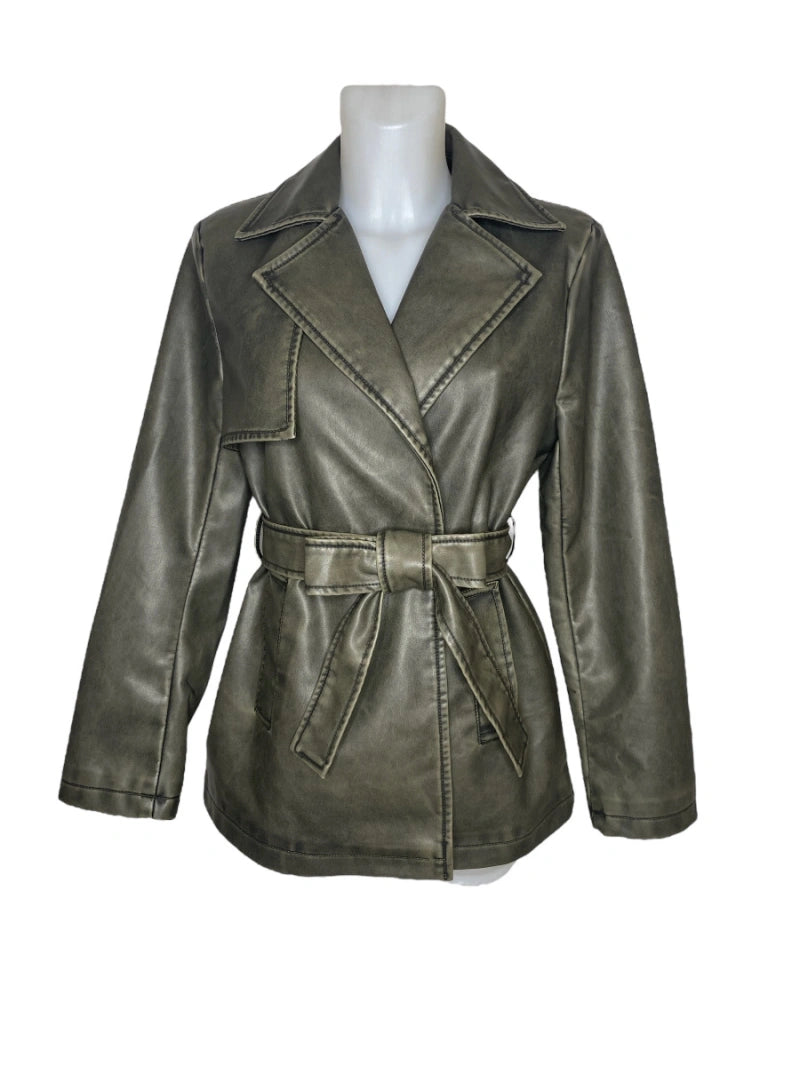 Black leather trench jacket and belt