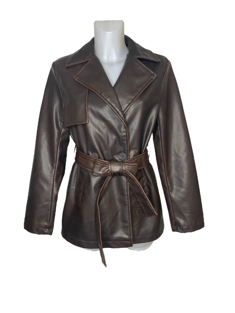 Black leather trench jacket and belt