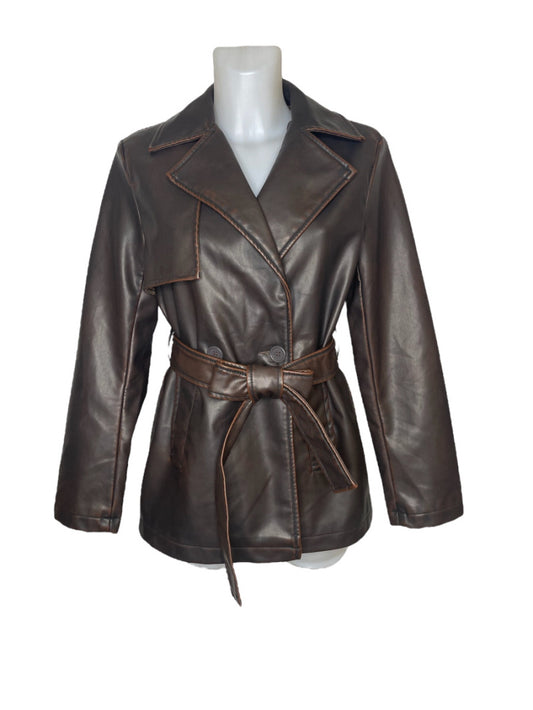 Black leather trench jacket and belt