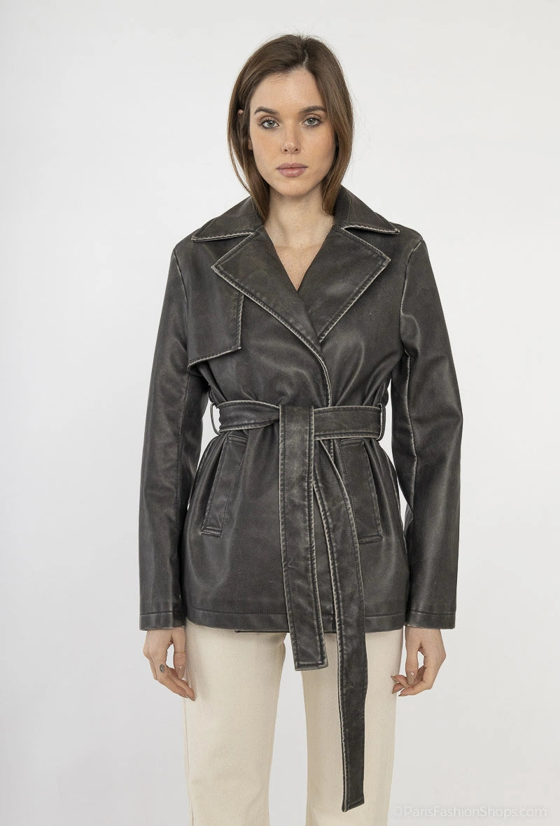 Black leather trench jacket and belt