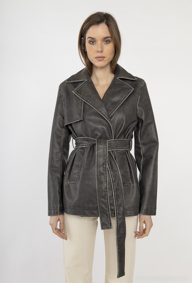 Black leather trench jacket and belt