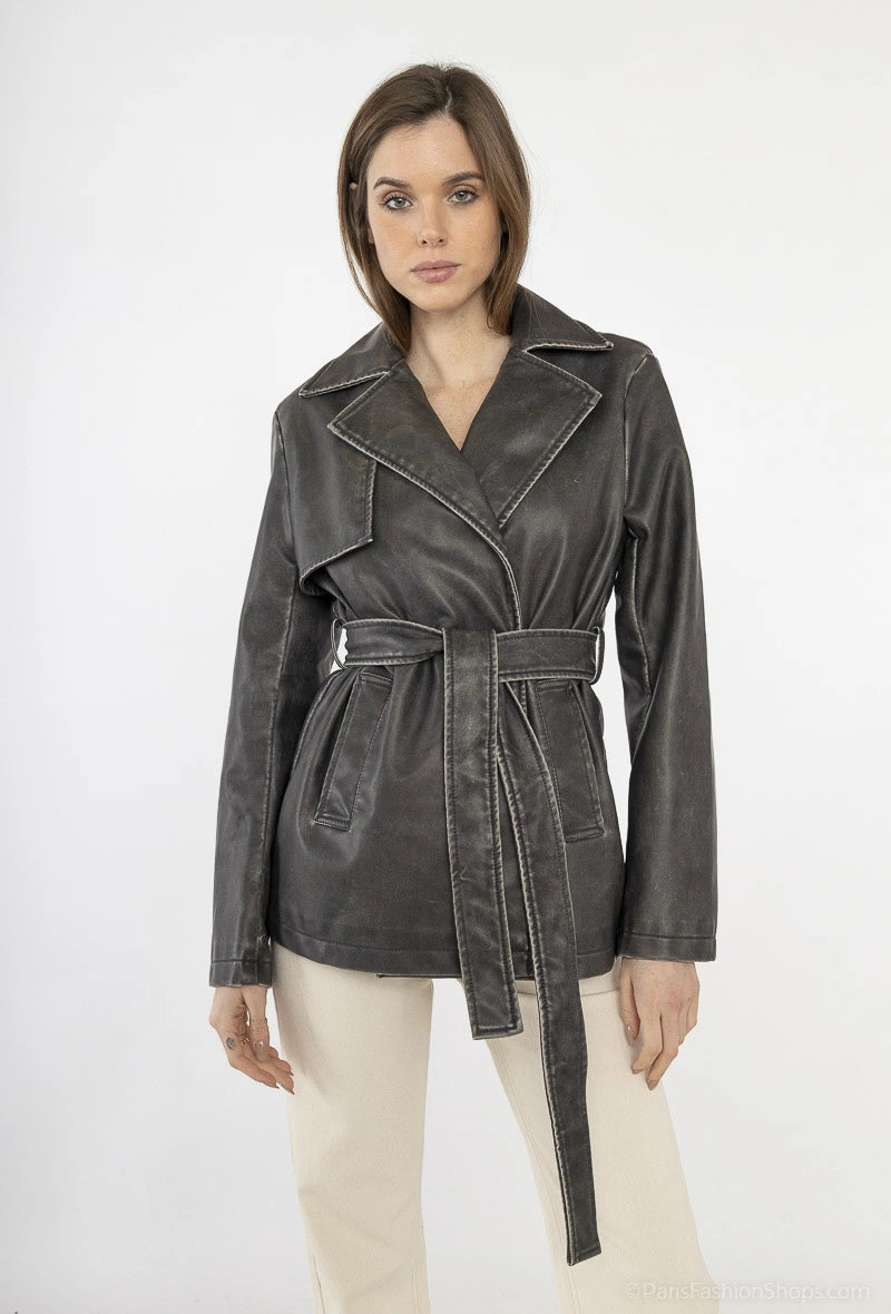 Black leather trench jacket and belt