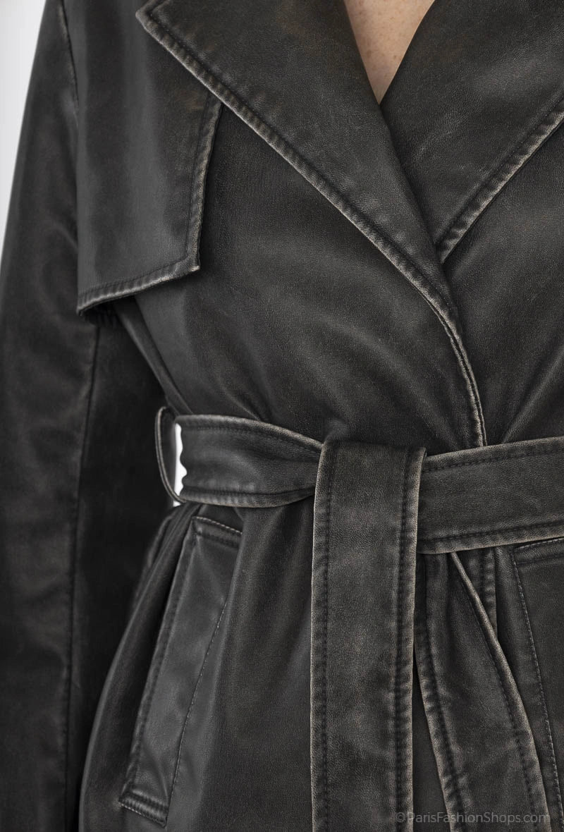 Black leather trench jacket and belt