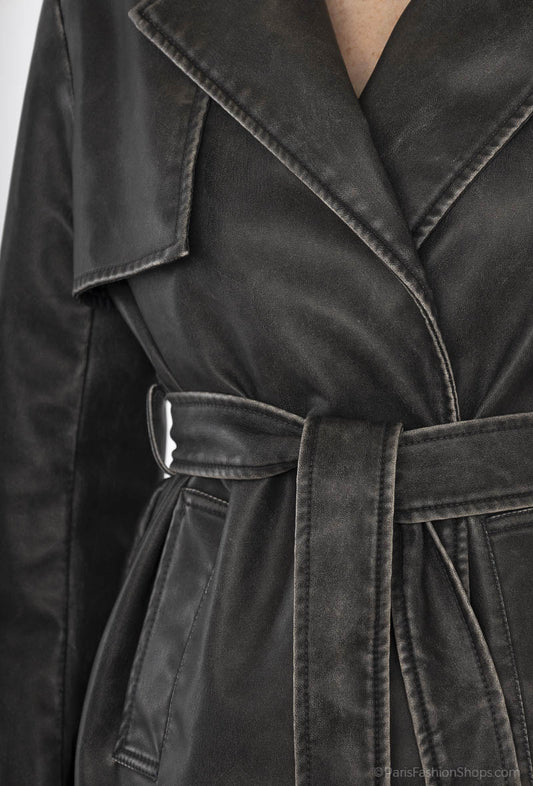 Black leather trench jacket and belt