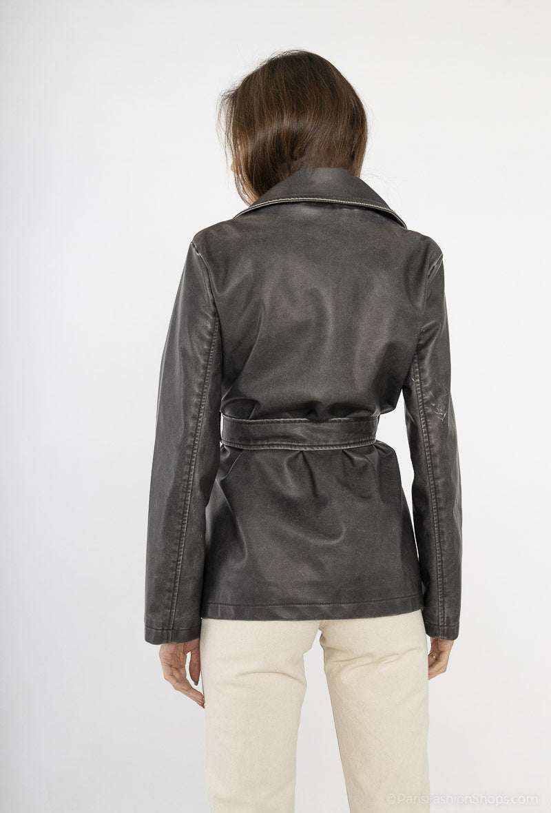 Black leather trench jacket and belt