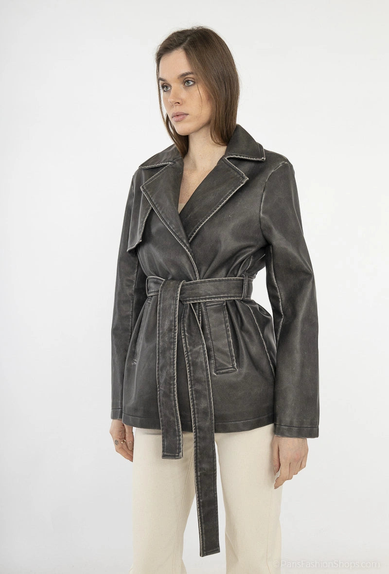 Black leather trench jacket and belt